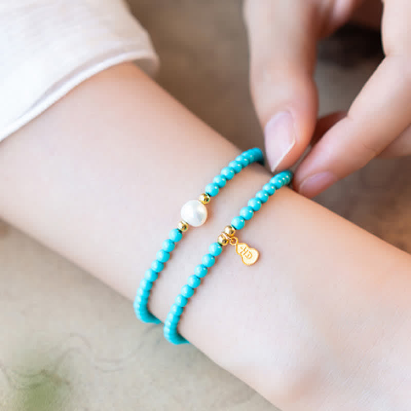 Nimara Ritual Turquoise Pearl Gourd Pendant Double Wrap Protection Handmade Bracelet