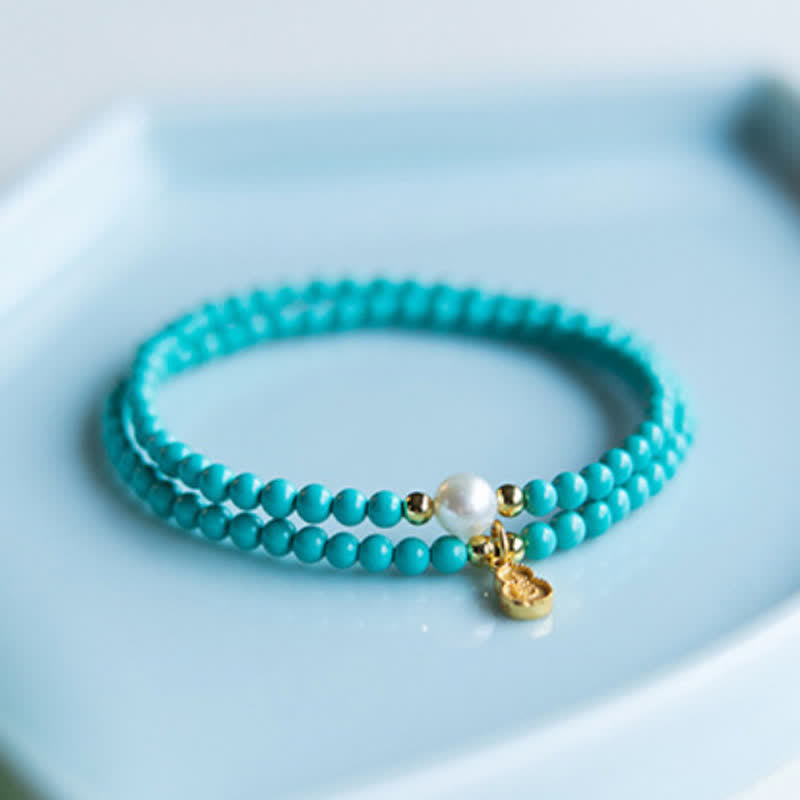 Nimara Ritual Turquoise Pearl Gourd Pendant Double Wrap Protection Handmade Bracelet
