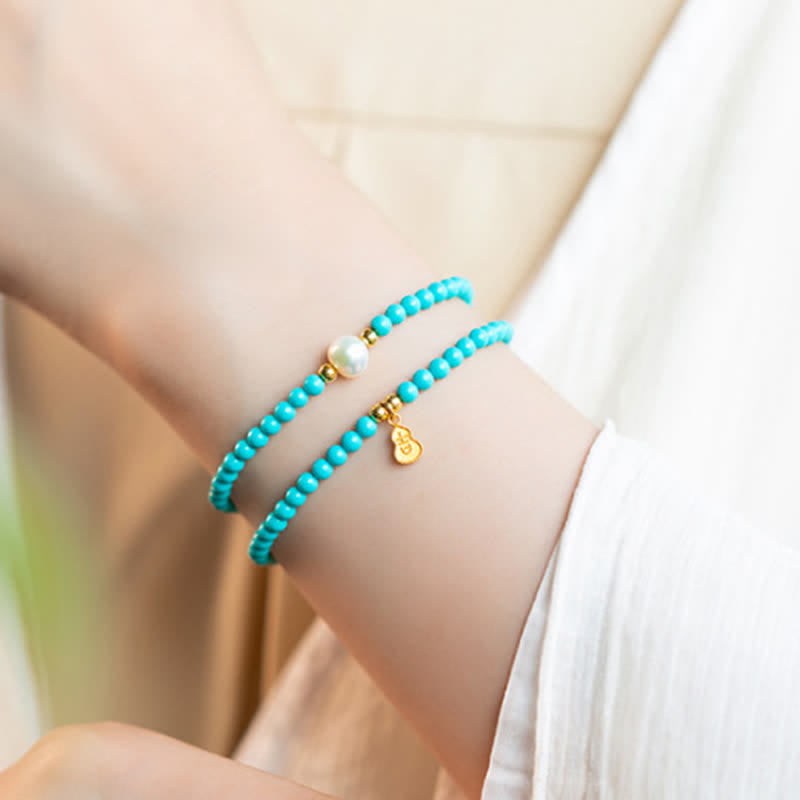 Nimara Ritual Turquoise Pearl Gourd Pendant Double Wrap Protection Handmade Bracelet