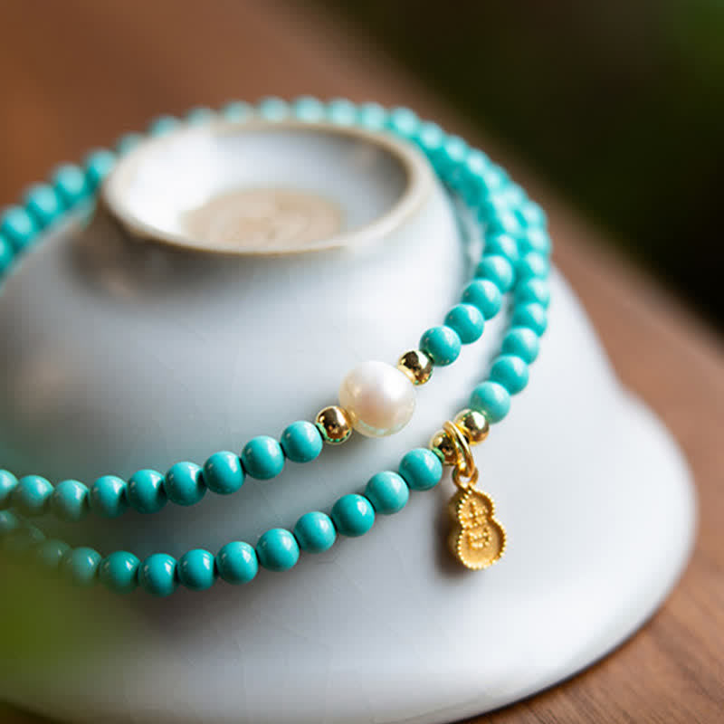 Nimara Ritual Turquoise Pearl Gourd Pendant Double Wrap Protection Handmade Bracelet