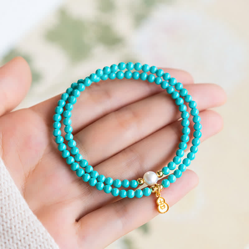 Nimara Ritual Turquoise Pearl Gourd Pendant Double Wrap Protection Handmade Bracelet