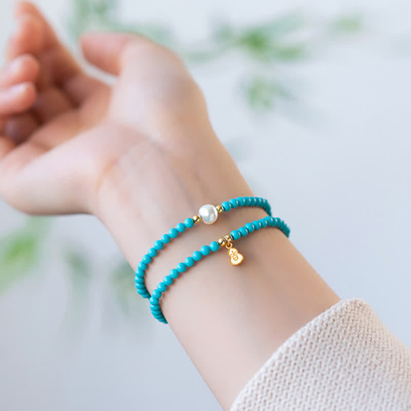 Nimara Ritual Turquoise Pearl Gourd Pendant Double Wrap Protection Handmade Bracelet