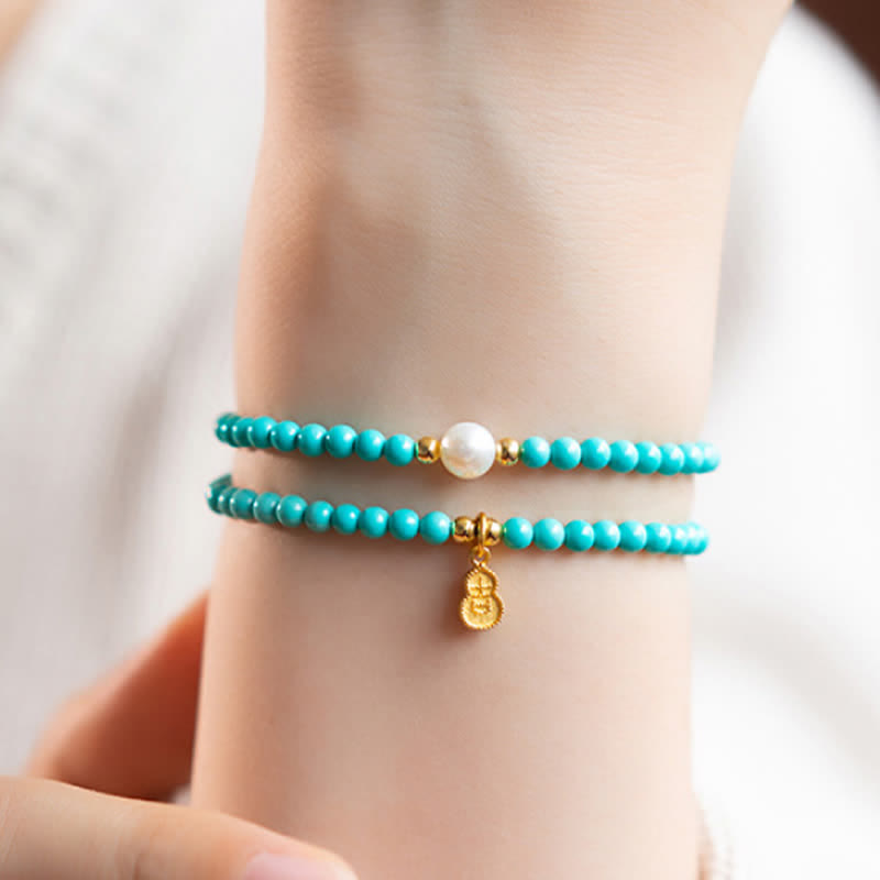 Nimara Ritual Turquoise Pearl Gourd Pendant Double Wrap Protection Handmade Bracelet