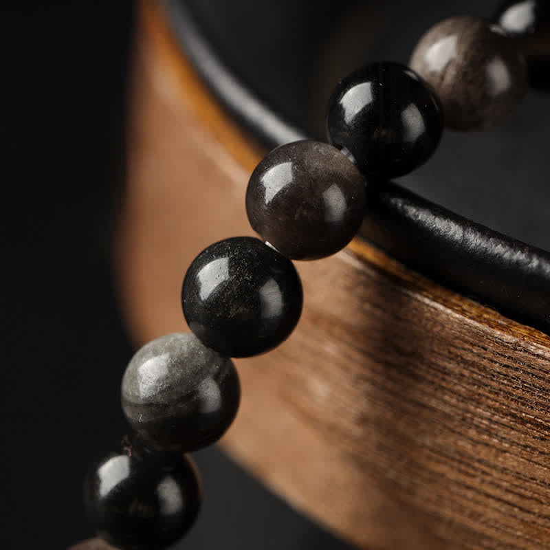 Nimara Ritual Tiger Eye Silver Sheen Obsidian Prosperity Hand-Woven Double Wrap Bracelet