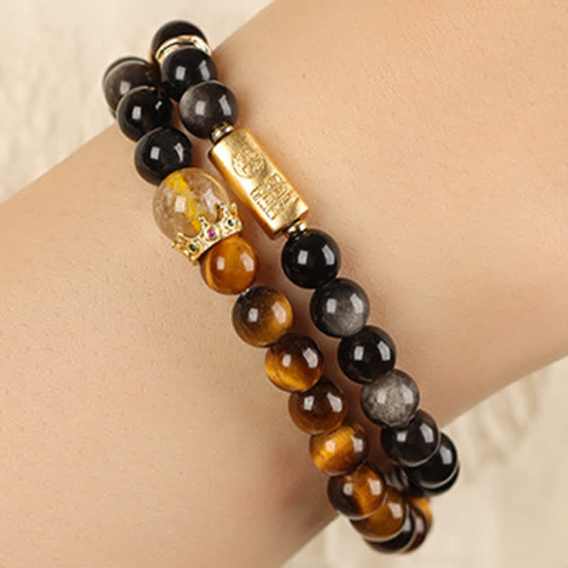 Nimara Ritual Tiger Eye Silver Sheen Obsidian Prosperity Hand-Woven Double Wrap Bracelet