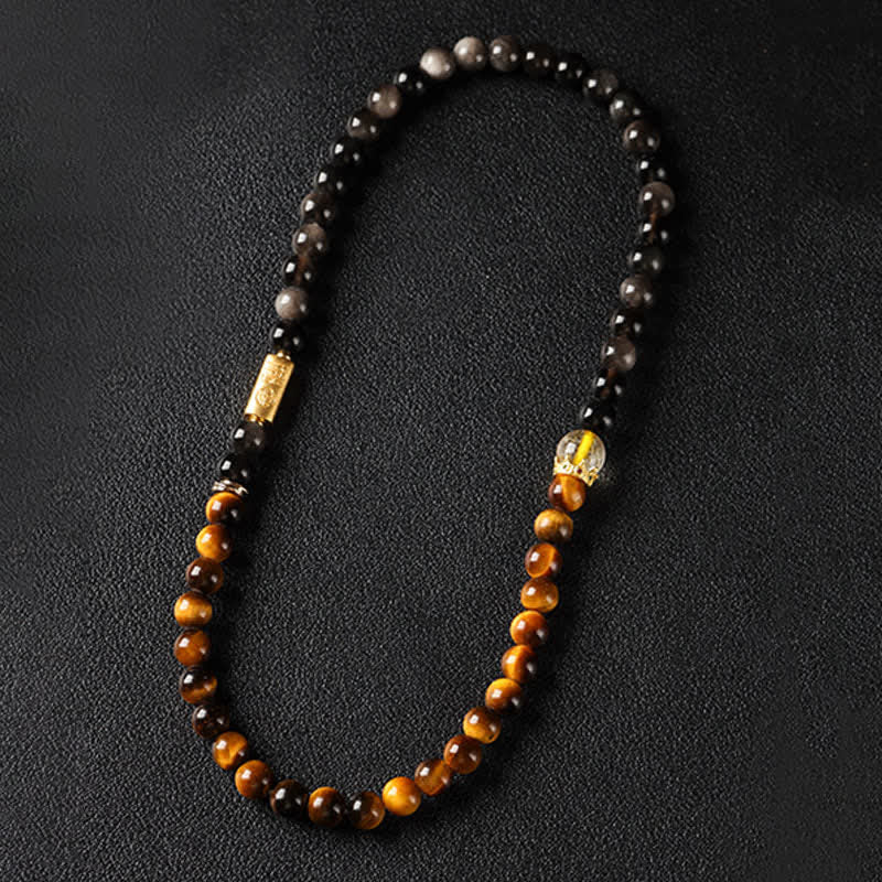 Nimara Ritual Tiger Eye Silver Sheen Obsidian Prosperity Hand-Woven Double Wrap Bracelet