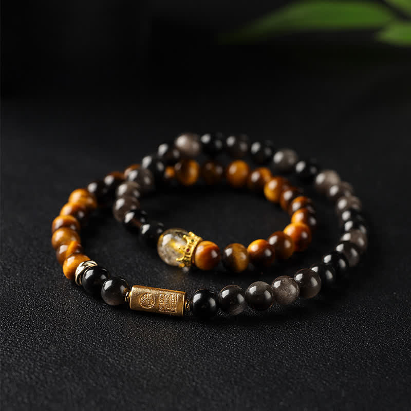 Nimara Ritual Tiger Eye Silver Sheen Obsidian Prosperity Hand-Woven Double Wrap Bracelet