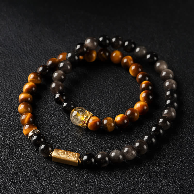 Nimara Ritual Tiger Eye Silver Sheen Obsidian Prosperity Hand-Woven Double Wrap Bracelet