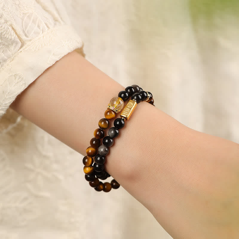 Nimara Ritual Tiger Eye Silver Sheen Obsidian Prosperity Hand-Woven Double Wrap Bracelet