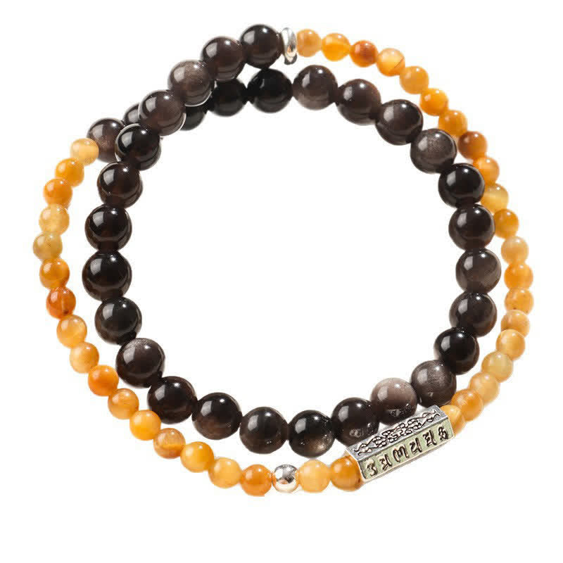 Nimara Ritual Silver Sheen Obsidian Om Mani Padme Hum Grounding Double Wrap Bracelet