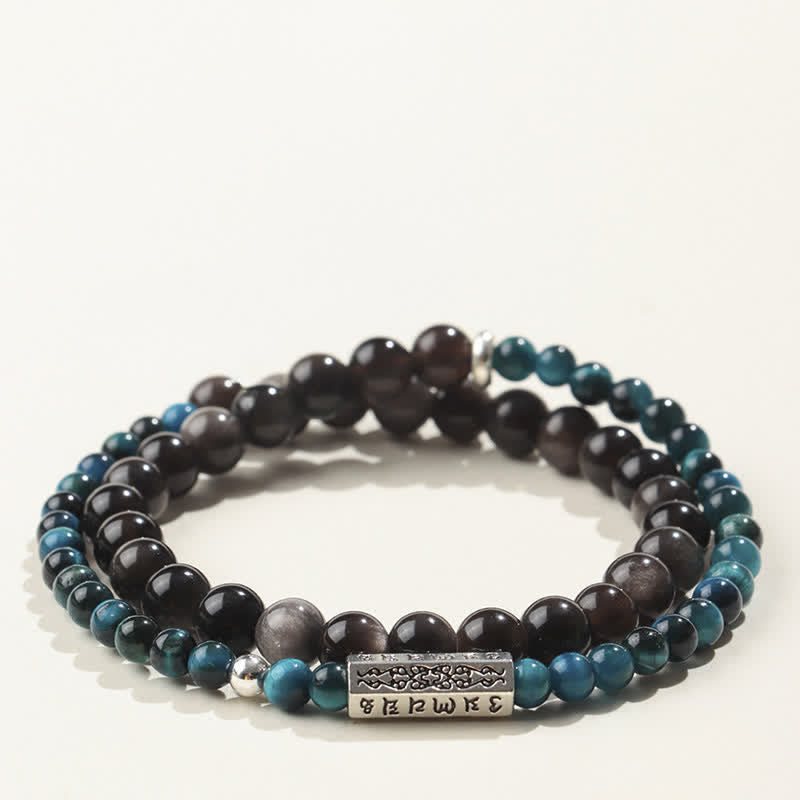Nimara Ritual Silver Sheen Obsidian Om Mani Padme Hum Grounding Double Wrap Bracelet