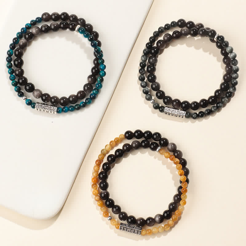 Nimara Ritual Silver Sheen Obsidian Om Mani Padme Hum Grounding Double Wrap Bracelet