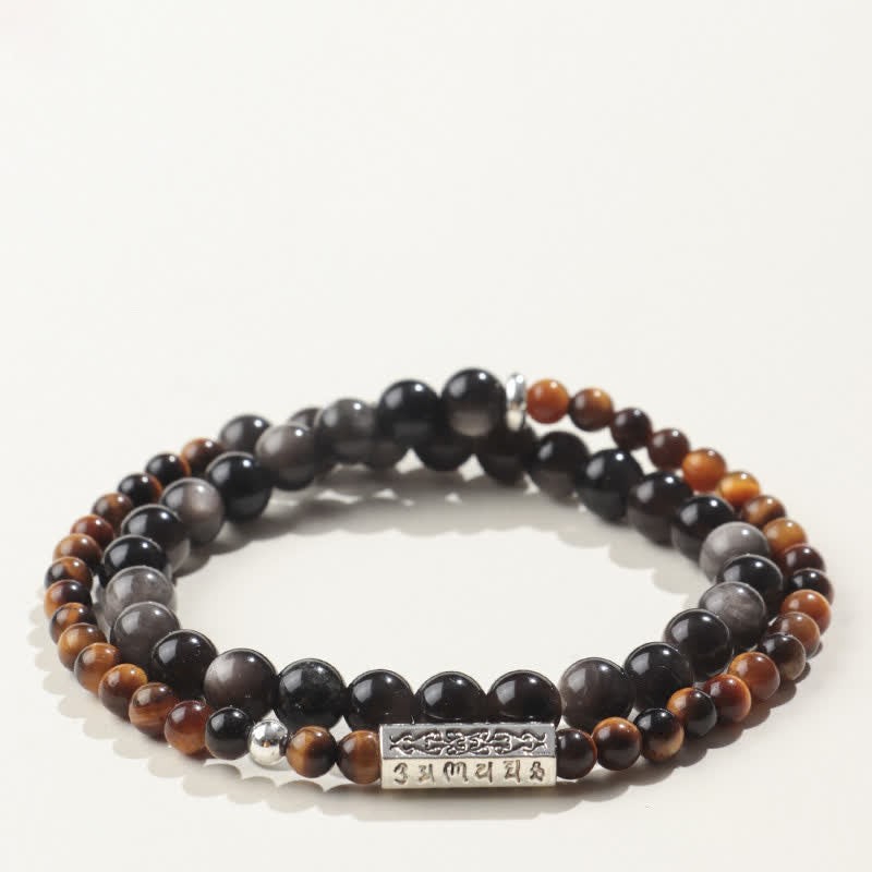 Nimara Ritual Silver Sheen Obsidian Om Mani Padme Hum Grounding Double Wrap Bracelet