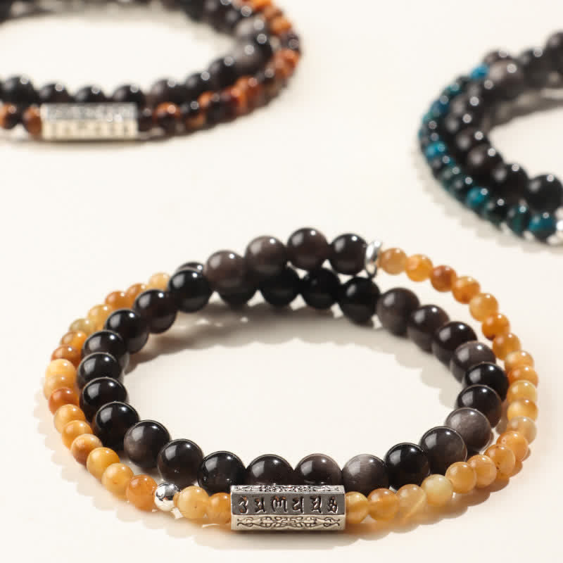 Nimara Ritual Silver Sheen Obsidian Om Mani Padme Hum Grounding Double Wrap Bracelet