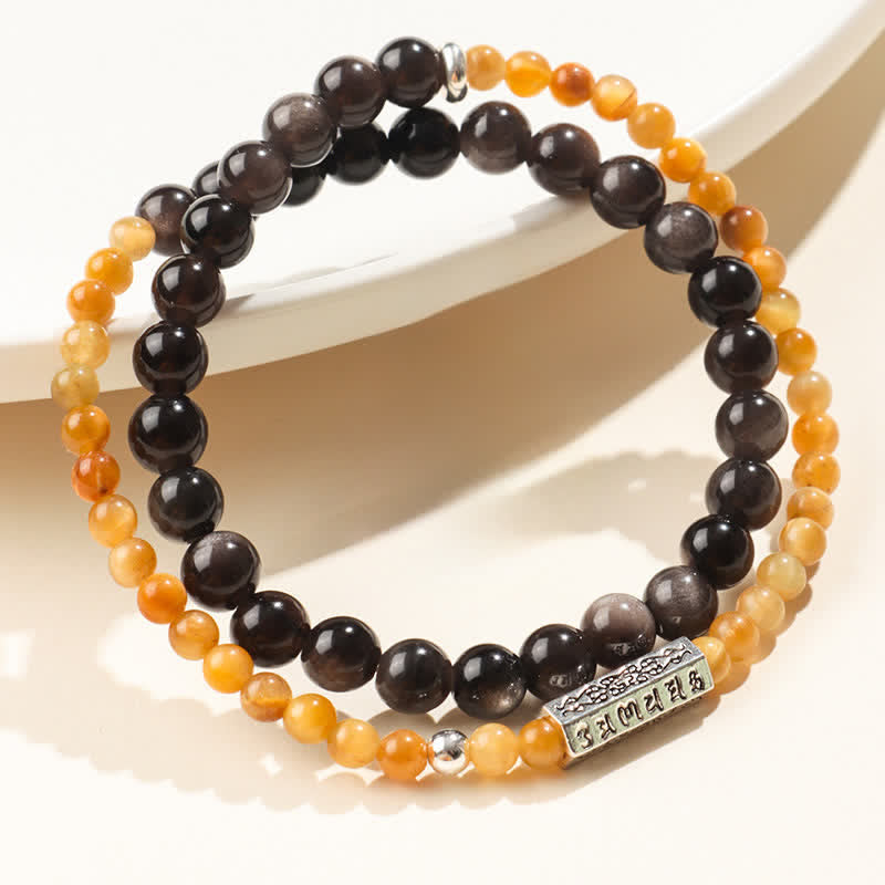 Nimara Ritual Silver Sheen Obsidian Om Mani Padme Hum Grounding Double Wrap Bracelet