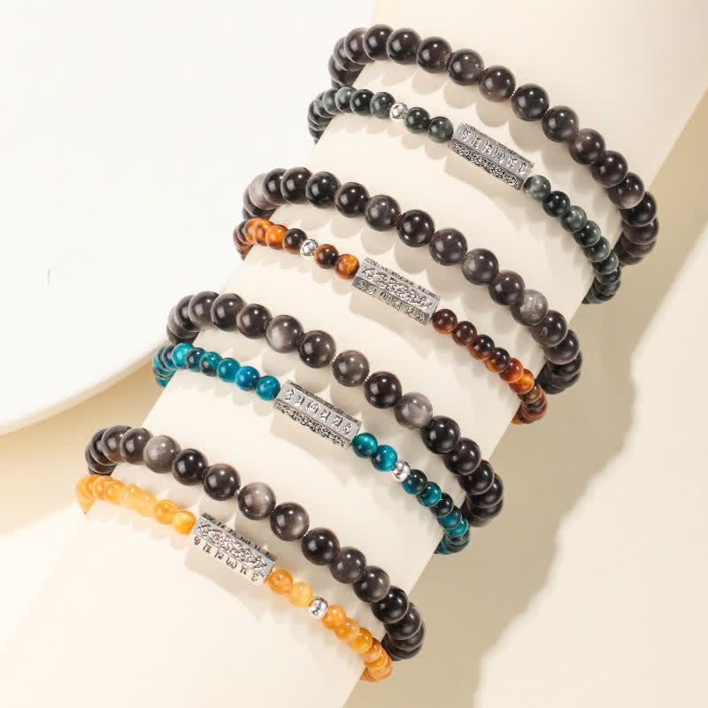 Nimara Ritual Silver Sheen Obsidian Om Mani Padme Hum Grounding Double Wrap Bracelet