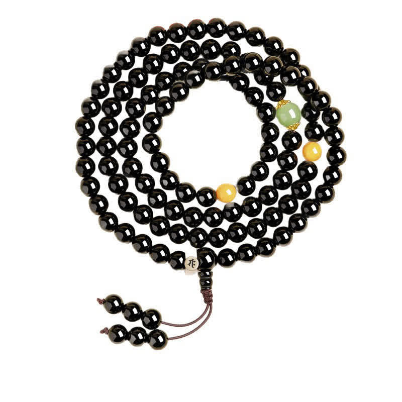Nimara Ritual Black Obsidian Chinese Zodiac Protection Hand Polished 108 Bead Tassel Mala