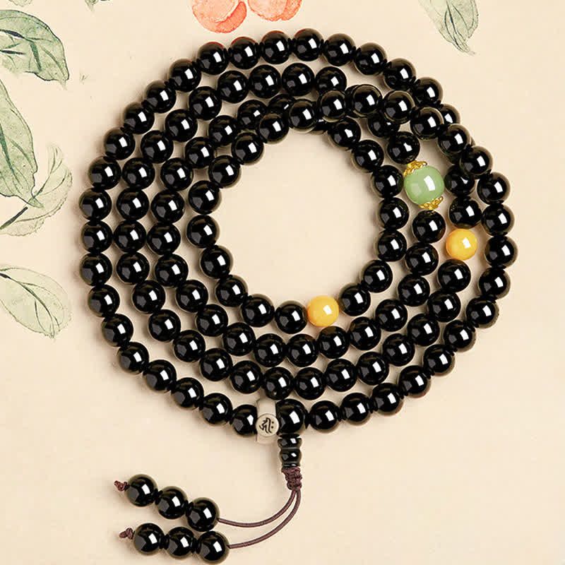 Nimara Ritual Black Obsidian Chinese Zodiac Protection Hand Polished 108 Bead Tassel Mala