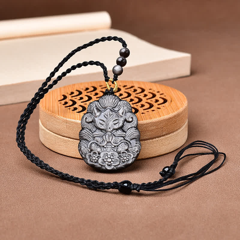 Nimara Ritual Black Obsidian Nine-Tail Fox Protection Hand Carved Necklace