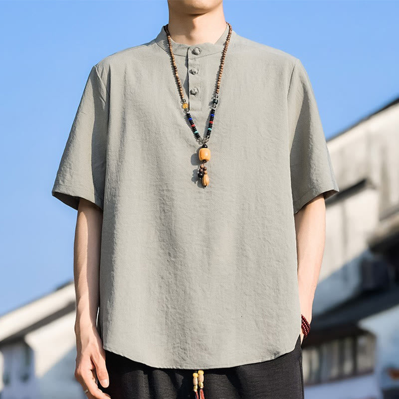 Nimara Ritual Summer Casual Mandarin Collar Three Buttons Solid Men's Short Sleeve Shirts