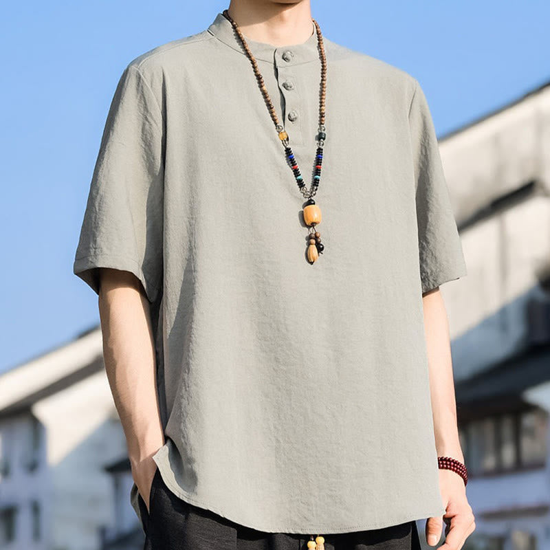 Nimara Ritual Summer Casual Mandarin Collar Three Buttons Solid Men's Short Sleeve Shirts