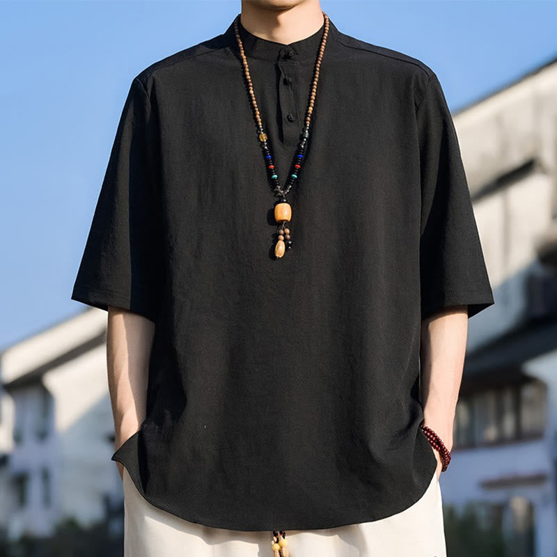 Nimara Ritual Summer Casual Mandarin Collar Three Buttons Solid Men's Short Sleeve Shirts