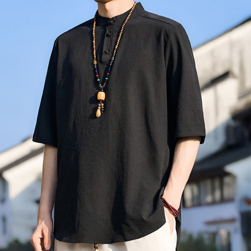 Nimara Ritual Summer Casual Mandarin Collar Three Buttons Solid Men's Short Sleeve Shirts
