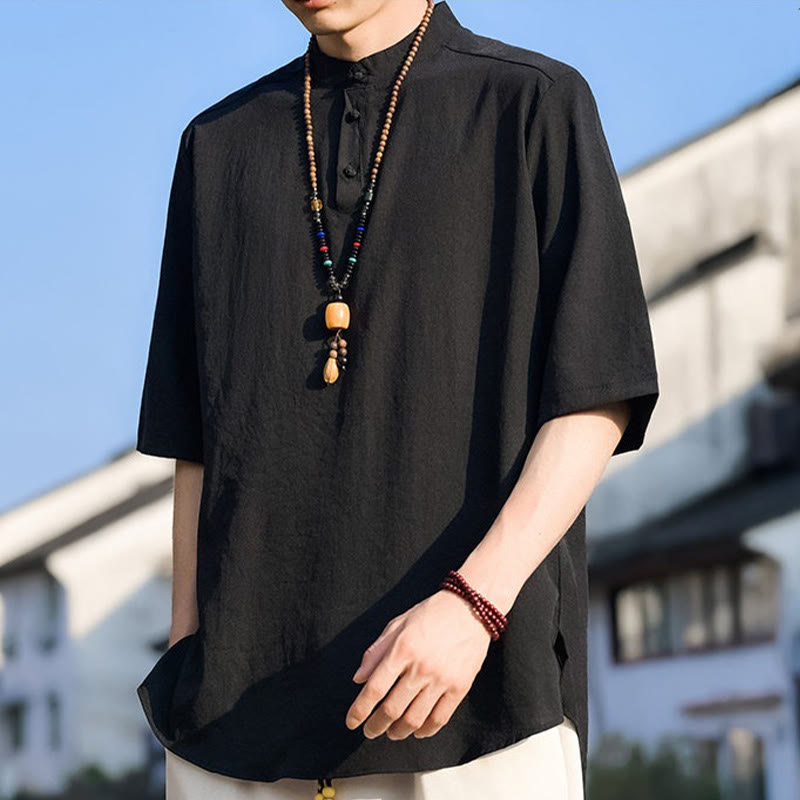 Nimara Ritual Summer Casual Mandarin Collar Three Buttons Solid Men's Short Sleeve Shirts