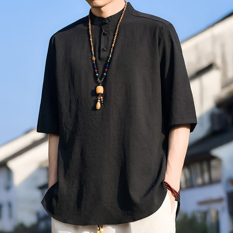 Nimara Ritual Summer Casual Mandarin Collar Three Buttons Solid Men's Short Sleeve Shirts