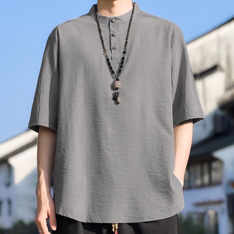 Nimara Ritual Summer Casual Mandarin Collar Three Buttons Solid Men's Short Sleeve Shirts