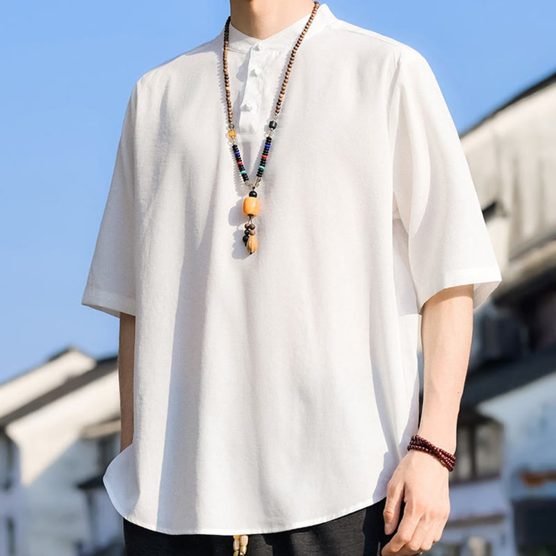 Nimara Ritual Summer Casual Mandarin Collar Three Buttons Solid Men's Short Sleeve Shirts