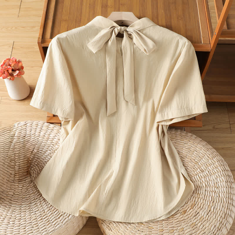 Nimara Ritual Summer Crew Neck Front Pleats Lace-up Side Slit Solid Women's Short Sleeve Shirts