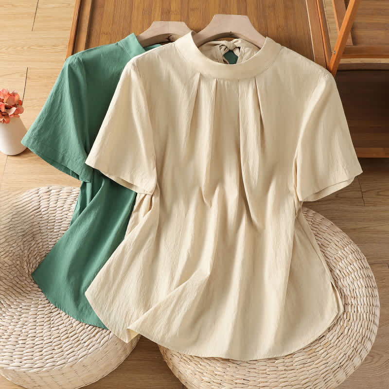 Nimara Ritual Summer Crew Neck Front Pleats Lace-up Side Slit Solid Women's Short Sleeve Shirts