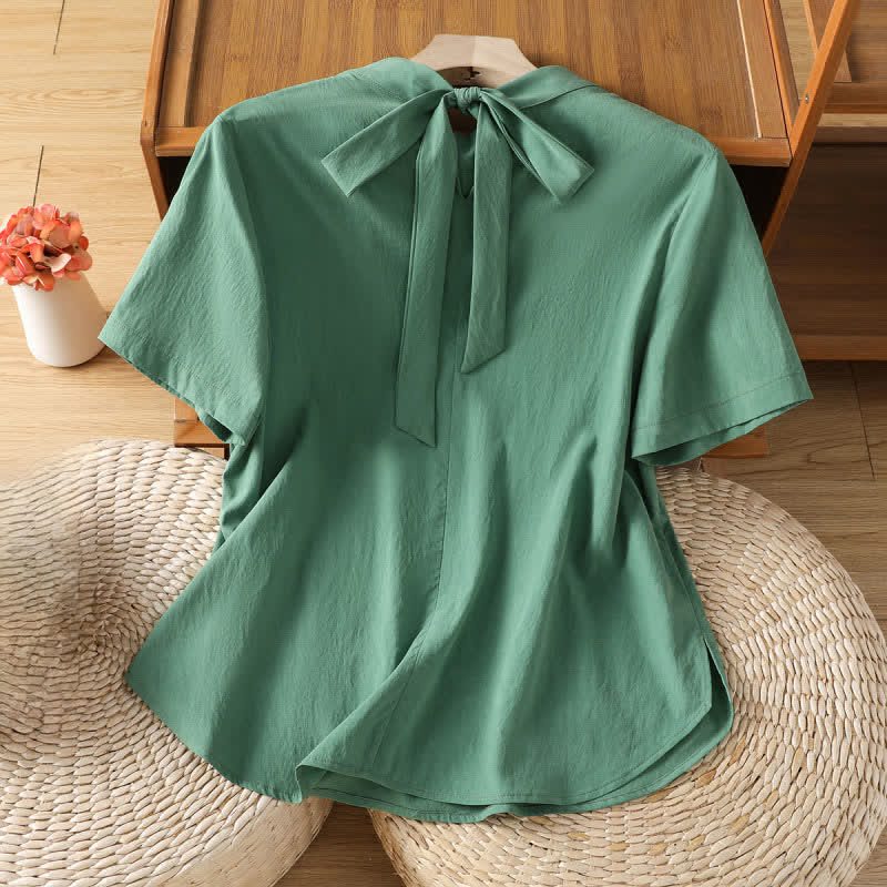 Nimara Ritual Summer Crew Neck Front Pleats Lace-up Side Slit Solid Women's Short Sleeve Shirts