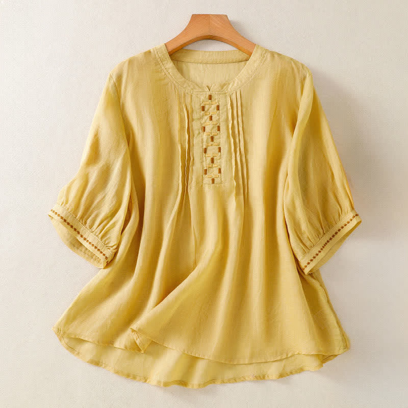 Nimara Ritual Summer Casual Solid Embroidery Pleated Front Women's Short Sleeve T-Shirts