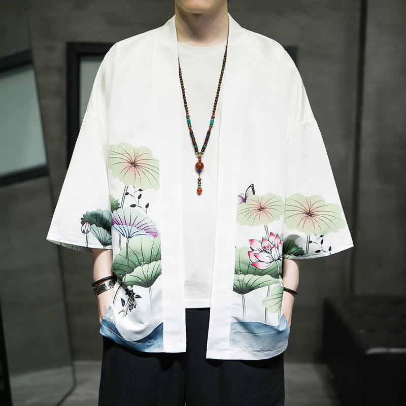 Nimara Ritual Summer Casual Lotus Leaves Butterfly Crane Print Open Front Men's Kimono