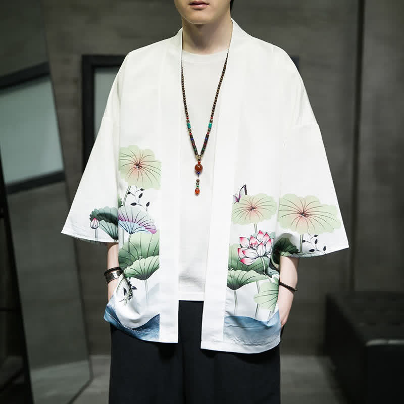 Nimara Ritual Summer Casual Lotus Leaves Butterfly Crane Print Open Front Men's Kimono