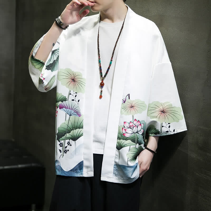Nimara Ritual Summer Casual Lotus Leaves Butterfly Crane Print Open Front Men's Kimono