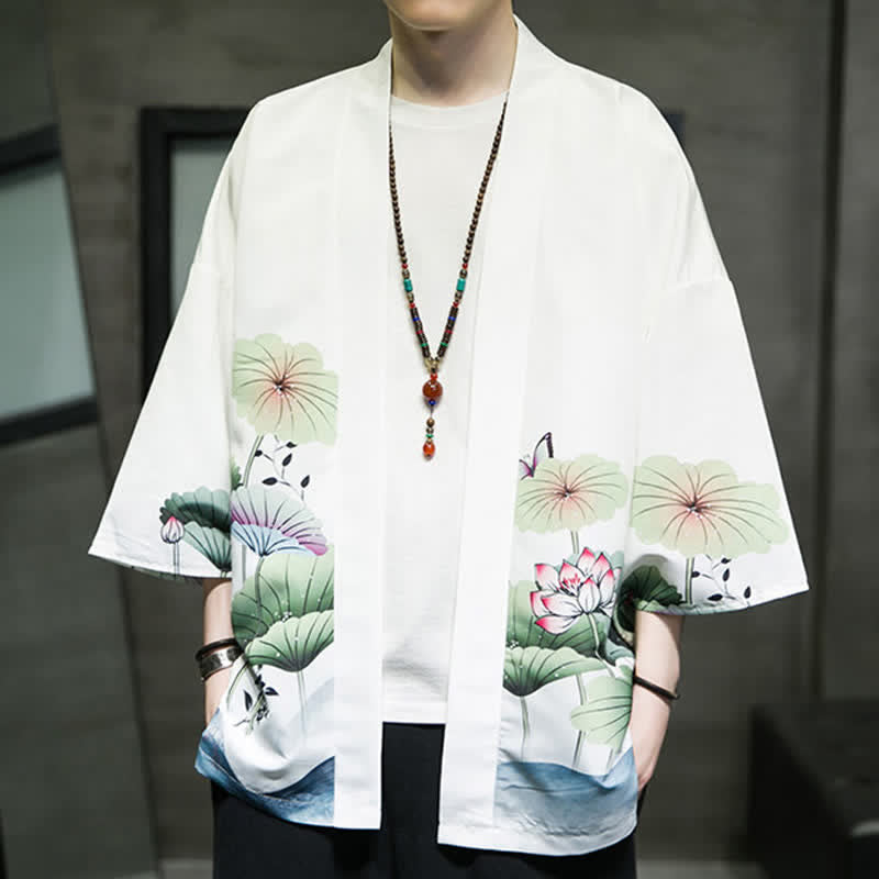 Nimara Ritual Summer Casual Lotus Leaves Butterfly Crane Print Open Front Men's Kimono