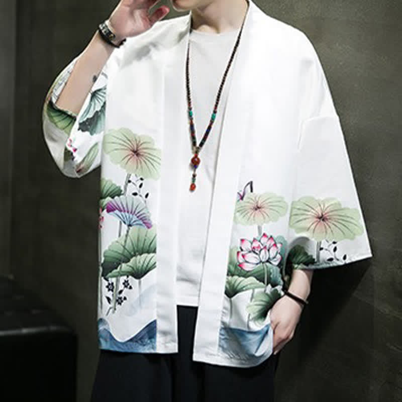 Nimara Ritual Summer Casual Lotus Leaves Butterfly Crane Print Open Front Men's Kimono