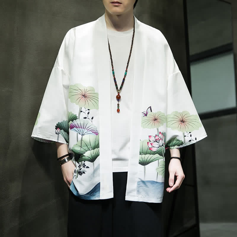 Nimara Ritual Summer Casual Lotus Leaves Butterfly Crane Print Open Front Men's Kimono