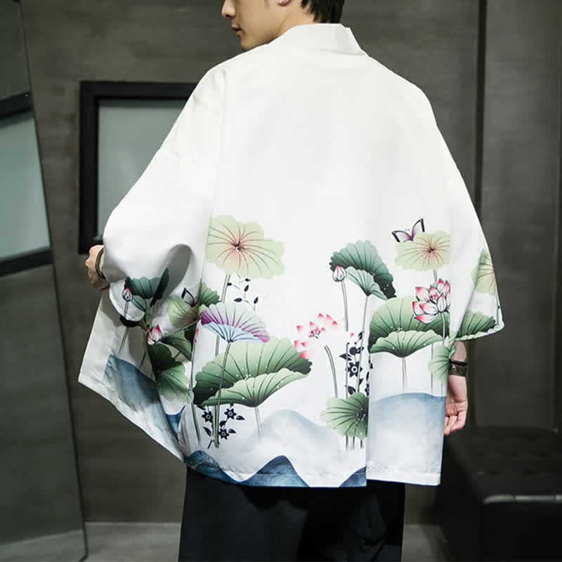 Nimara Ritual Summer Casual Lotus Leaves Butterfly Crane Print Open Front Men's Kimono