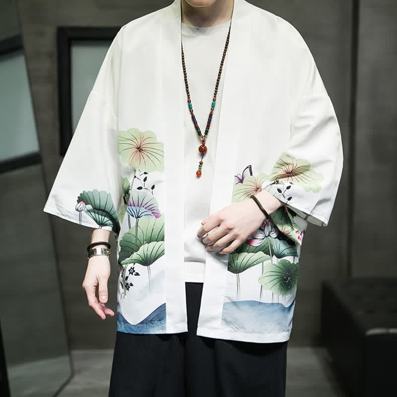 Nimara Ritual Summer Casual Lotus Leaves Butterfly Crane Print Open Front Men's Kimono