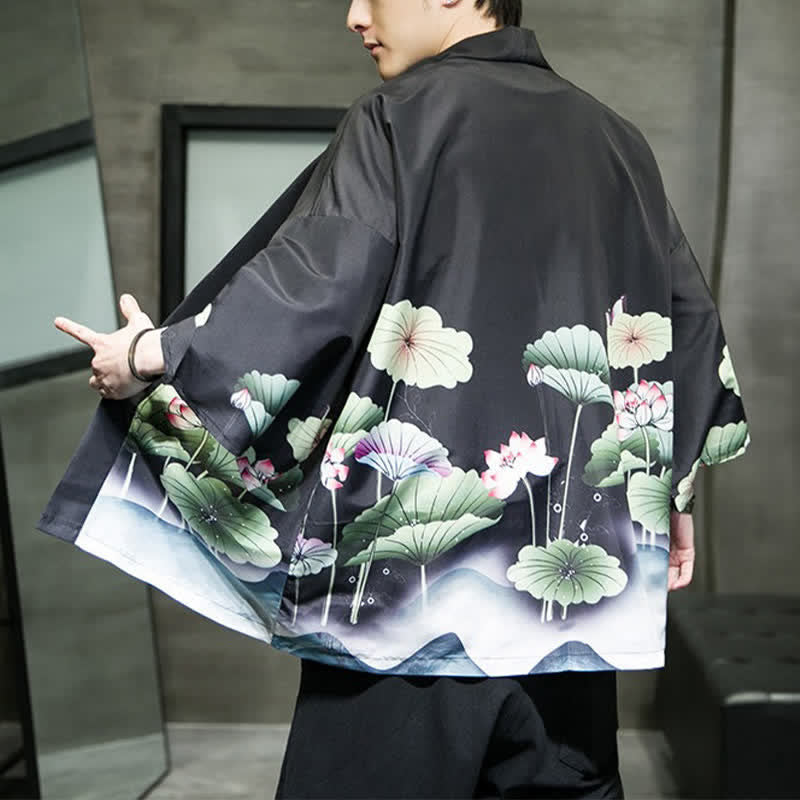 Nimara Ritual Summer Casual Lotus Leaves Butterfly Crane Print Open Front Men's Kimono