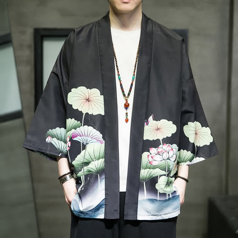Nimara Ritual Summer Casual Lotus Leaves Butterfly Crane Print Open Front Men's Kimono