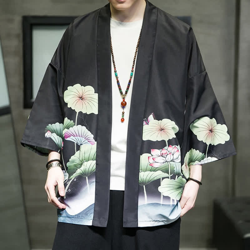 Nimara Ritual Summer Casual Lotus Leaves Butterfly Crane Print Open Front Men's Kimono