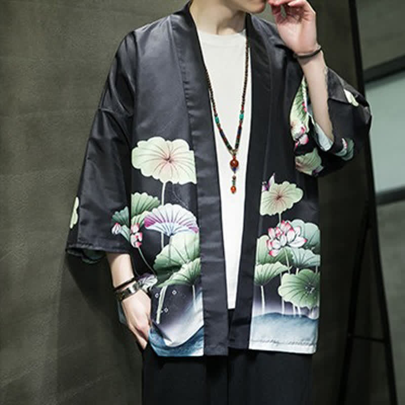 Nimara Ritual Summer Casual Lotus Leaves Butterfly Crane Print Open Front Men's Kimono