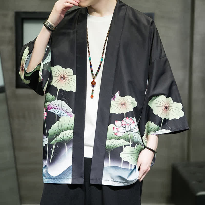 Nimara Ritual Summer Casual Lotus Leaves Butterfly Crane Print Open Front Men's Kimono