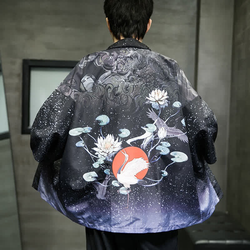 Nimara Ritual Summer Casual Lotus Leaves Butterfly Crane Print Open Front Men's Kimono