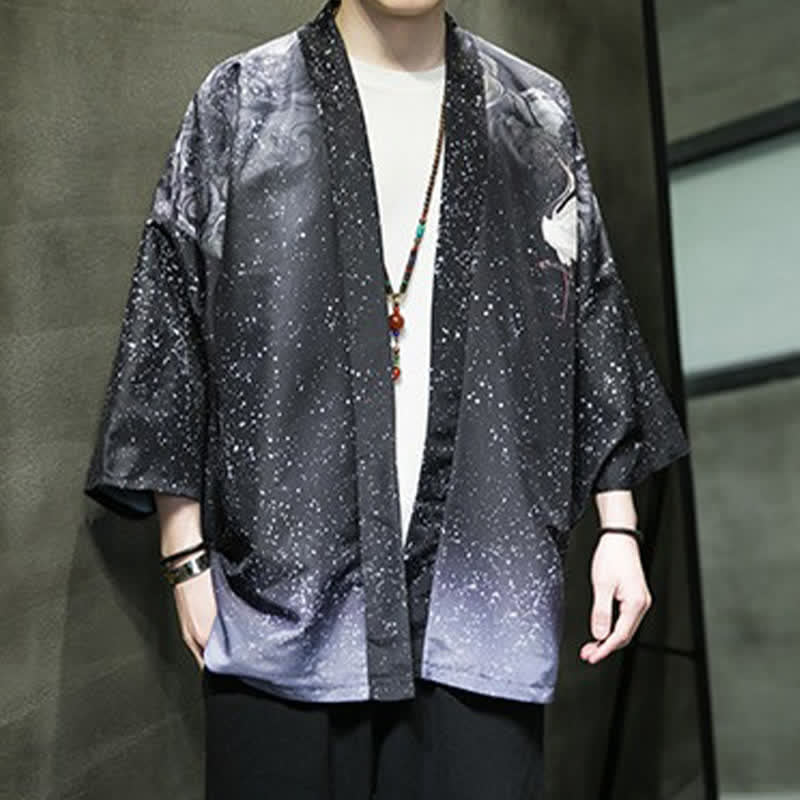 Nimara Ritual Summer Casual Lotus Leaves Butterfly Crane Print Open Front Men's Kimono